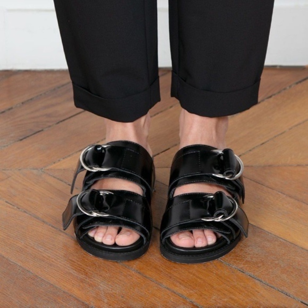 GANNI Black Patent Leather Silver Buckle Slide Sandals